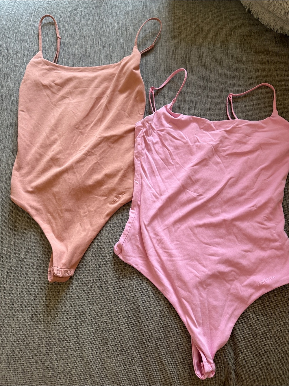 Aritzia Contour Spaghetti-Strap One-Piece Bodysuits in Blush and Bubblegum Pink
